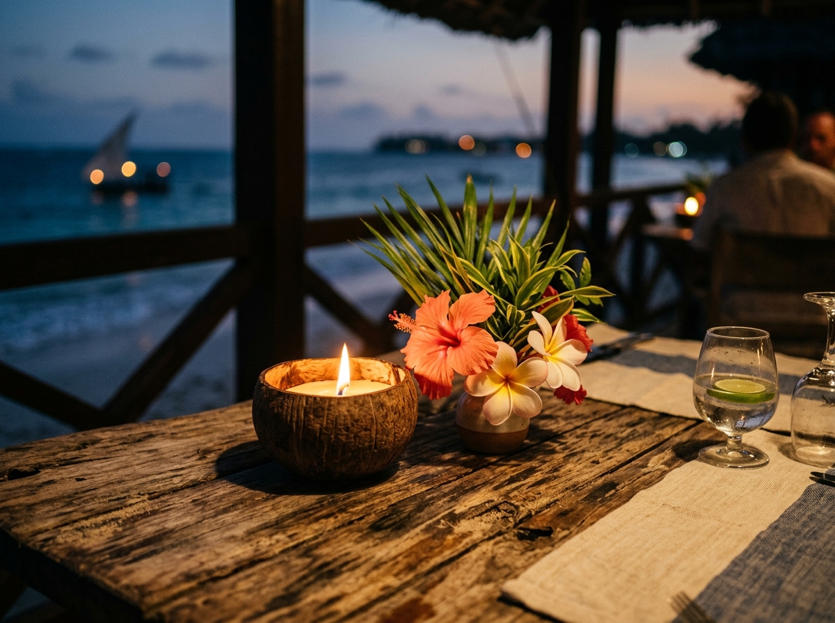 Coconut candle and tropical flowers on a driftwood table