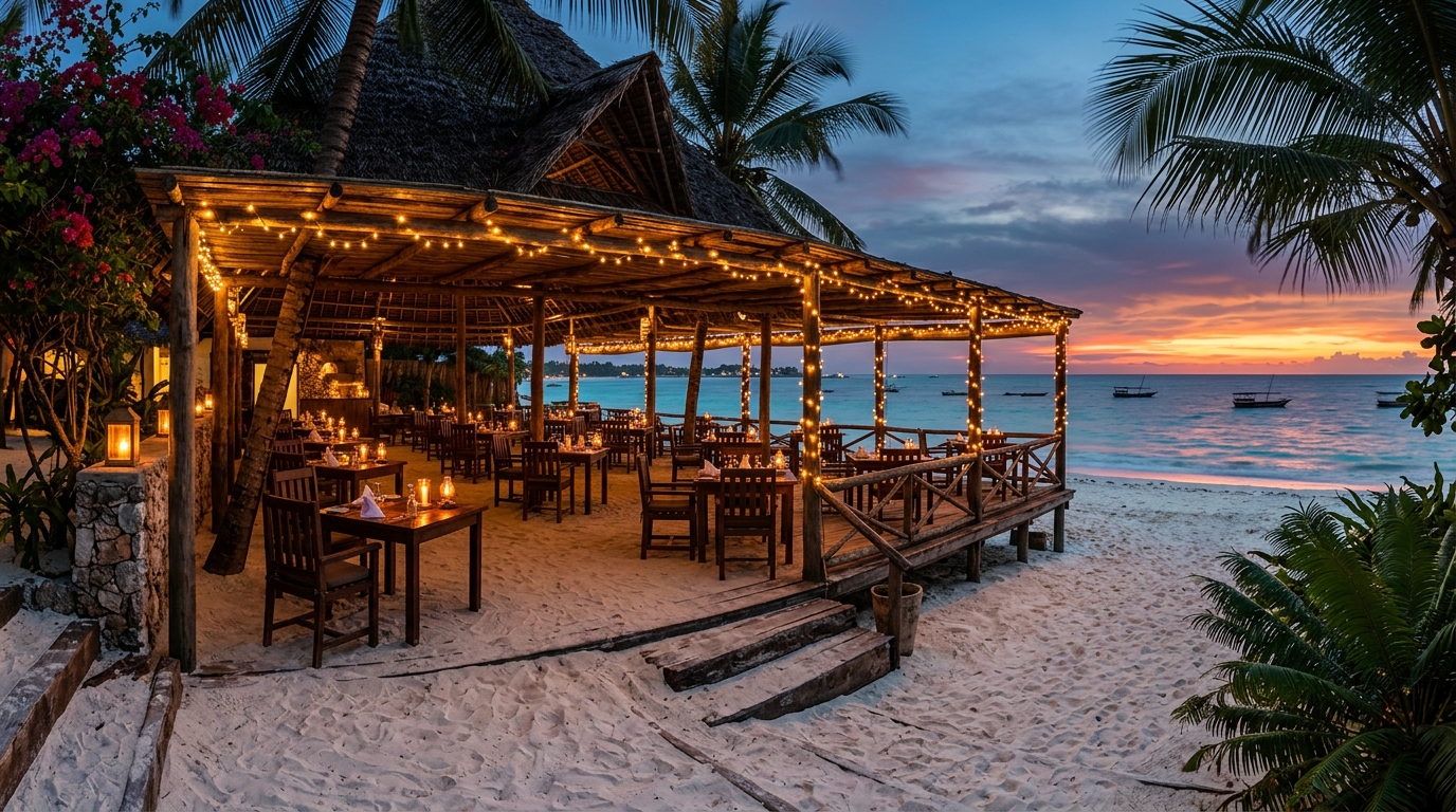 Le Grand Bleu restaurant terrace at twilight